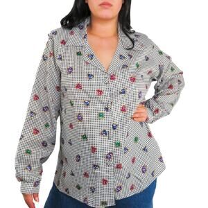 1980s Multicolor Rhinestone Gem Print Houndstooth Button Down Blouse Size 16